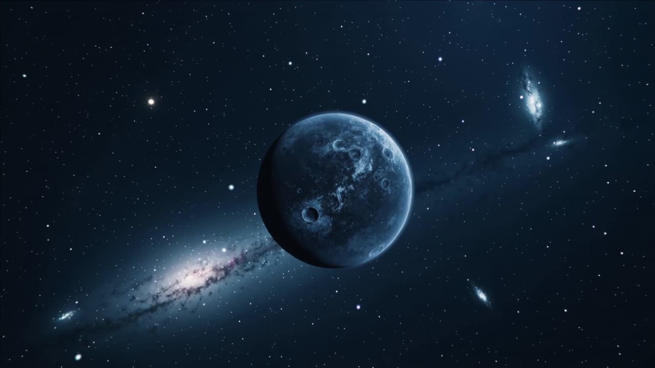 Pianeta craterizzato rotante che sposta l'ombra, come sequenza che inizia tra le stelle, creando parallasse con una fascia di polvere