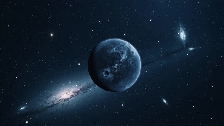 Pianeta craterizzato rotante che sposta l'ombra, come sequenza che inizia tra le stelle, creando parallasse con una fascia di polvere