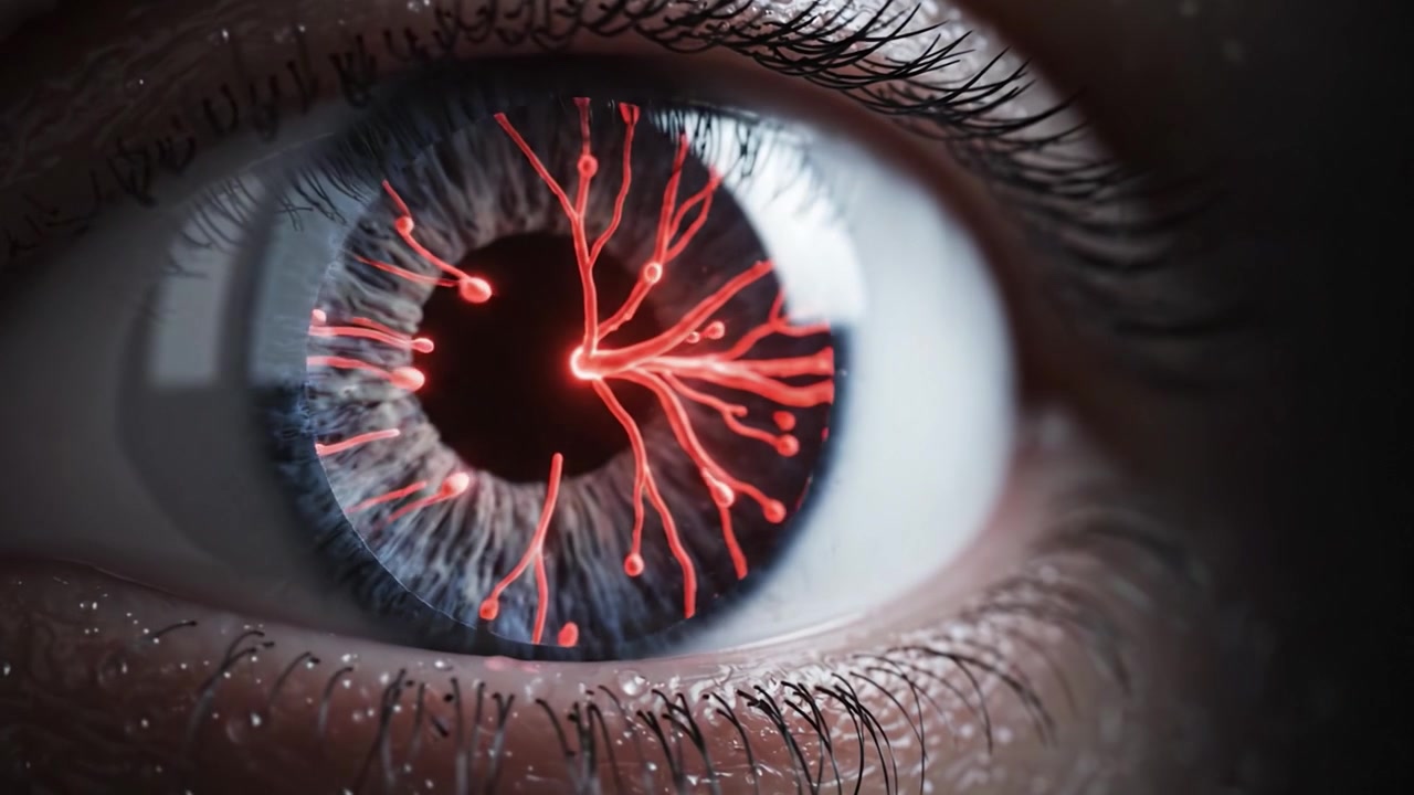 Um Exame Intrincado do Olho Humano: De um Olhar Natural a uma Visualização de Energia e Vida Dentro de uma Íris Cintilante