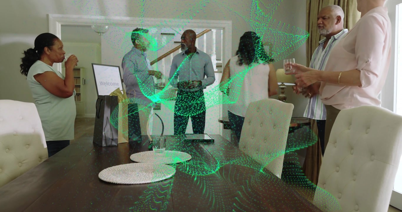 Group gathering at dining table, guests entering, greeting, green AR wave sweeping across, social