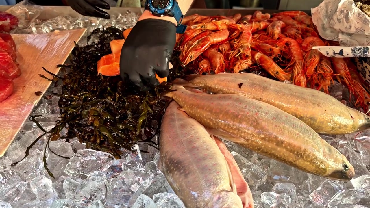 Fresh fish and shellfish are placed on ice, ready for sale at a market stall.