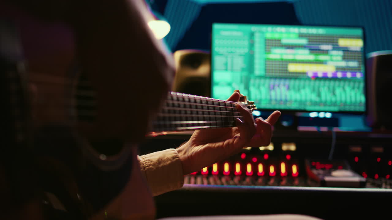 Skilled artist guitarist recording a new song with electro acoustic guitar