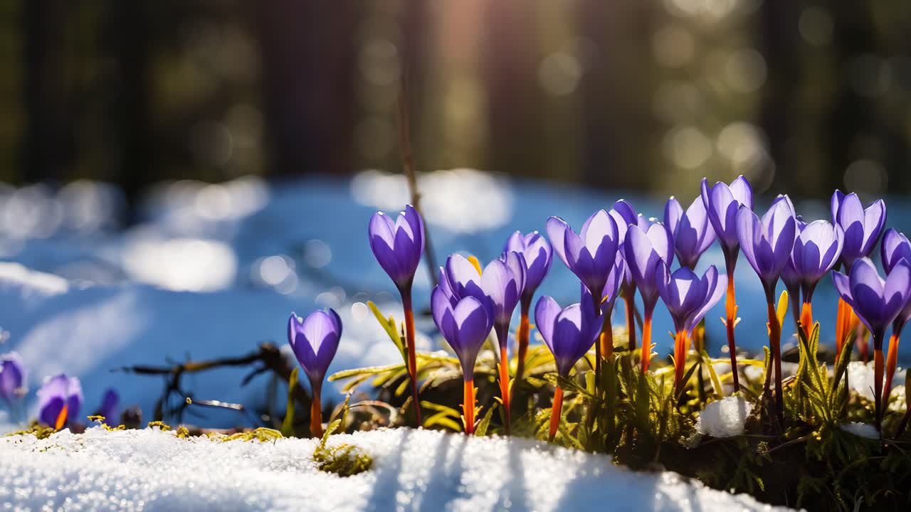 Beautiful purple crocuses emerge from the melting snow in a sunny spring forest, a sign of the changing seasons and the arrival of warmer weather