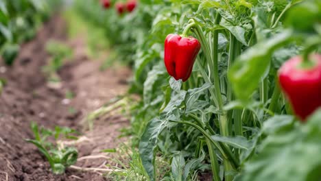 a row of red bell peppers growing in a garden