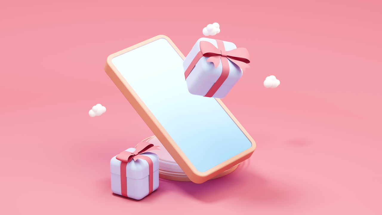 Animazione in loop di telefono cellulare e regali, rendering 3D