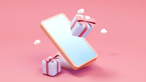 animación de bucle de teléfono móvil y regalos, renderización 3d.