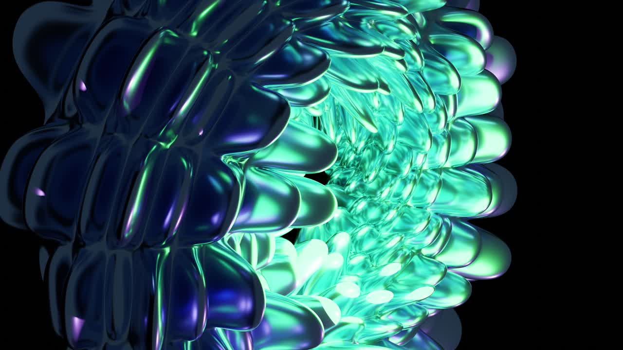 Bright shiny neon iridescent abstract flower growth on dark surface, 3d background