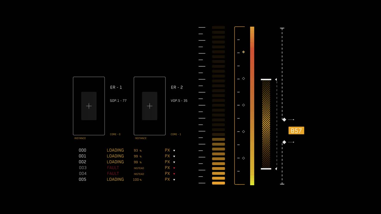 Animated sci-fi dashboard with data loading, level meters, and system fault alerts. Complex HUD overlay for themes of technology, computing, or hacking