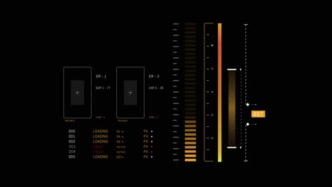 animated sci-fi dashboard with data loading, level meters, and system fault alerts. complex hud overlay for themes of technology, computing, or hacking