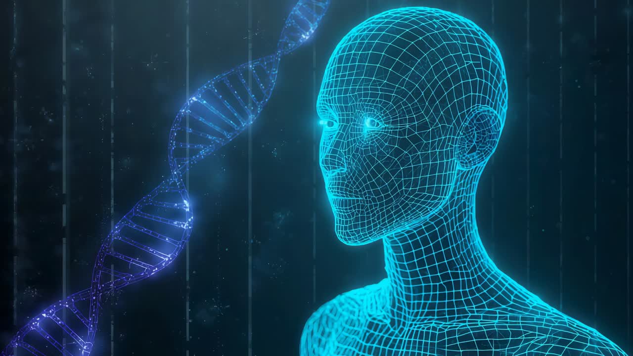 Humanoide em wireframe ciano escaneando e analisando hélice de DNA após hélice, brilhando no laboratório com partículas.