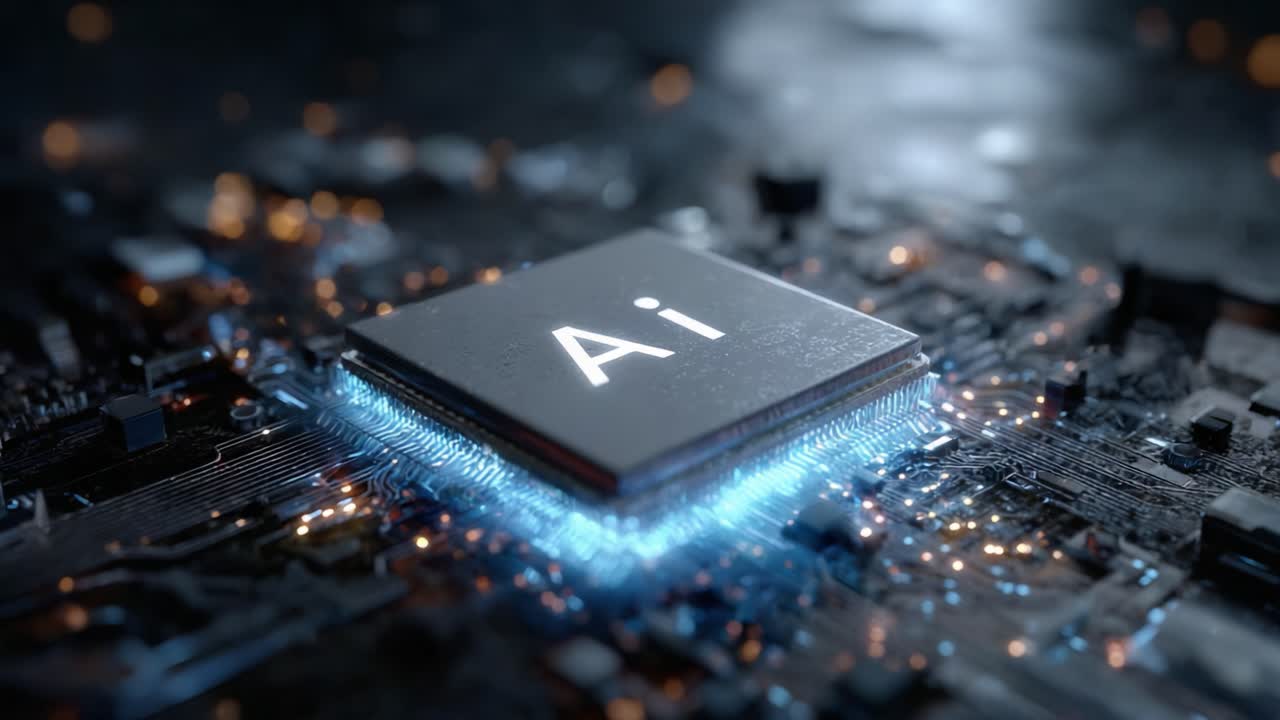 Exploring the Intricacies of Artificial Intelligence: A Close-Up View of an AI Microchip Embedded on a Complex Circuit Board, Illuminated with Radiant Blue Light