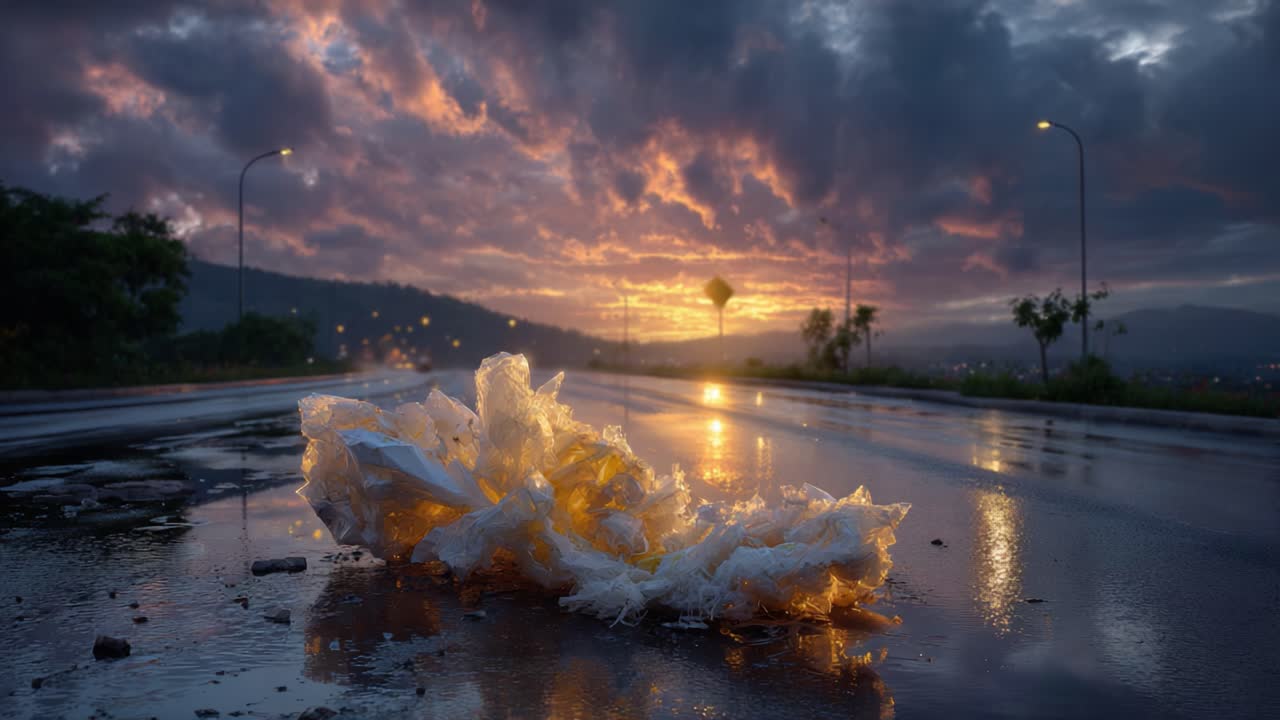A vivid sunset paints the sky as discarded plastic waste lies glistening on a wet road, highlighting the contrast between nature's beauty and human impact on the environment