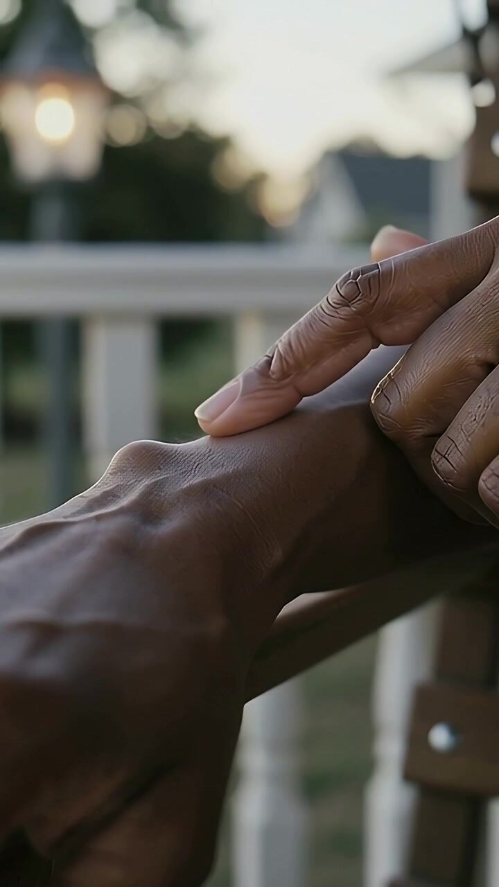 Vertical video: Touching man sliding left finger down right hand to calm on porch with rail lamp