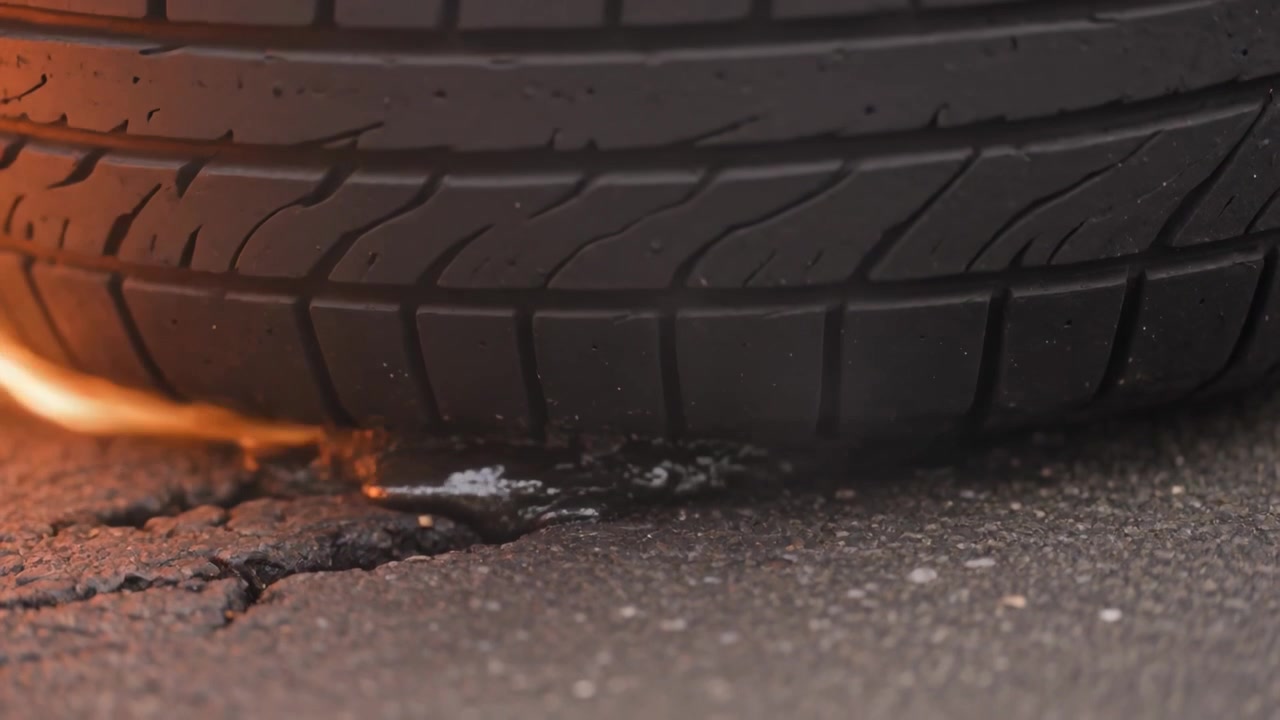 Rolling vehicle tire contacting flame on asphalt crack, spreading melted residue and dousing fire