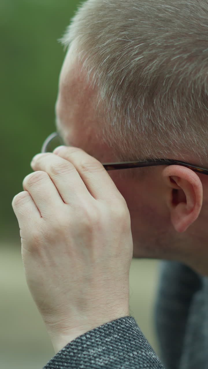 una vista de cerca de un hombre ajustando sus gafas mientras mira hacia el lado, capturado al aire libre con un fondo verde y borroso, el hombre lleva una chaqueta gris
