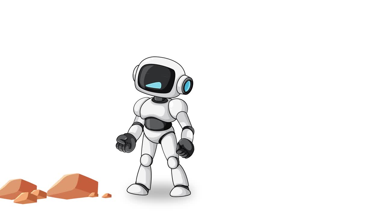 Futuristic robot flies with jetpack, then powerfully punches and breaks rocky cliff on white background