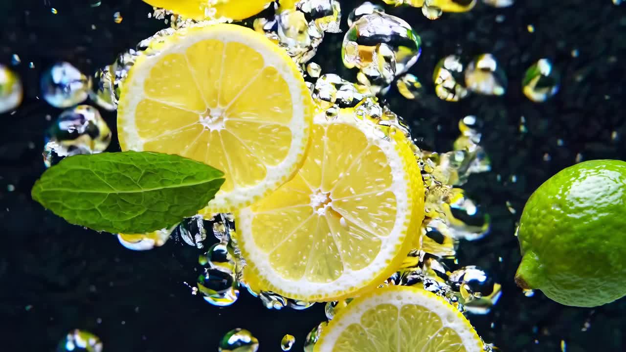 Close-up video of lemon slices and mint leaves submerged in water, captured from a side angle