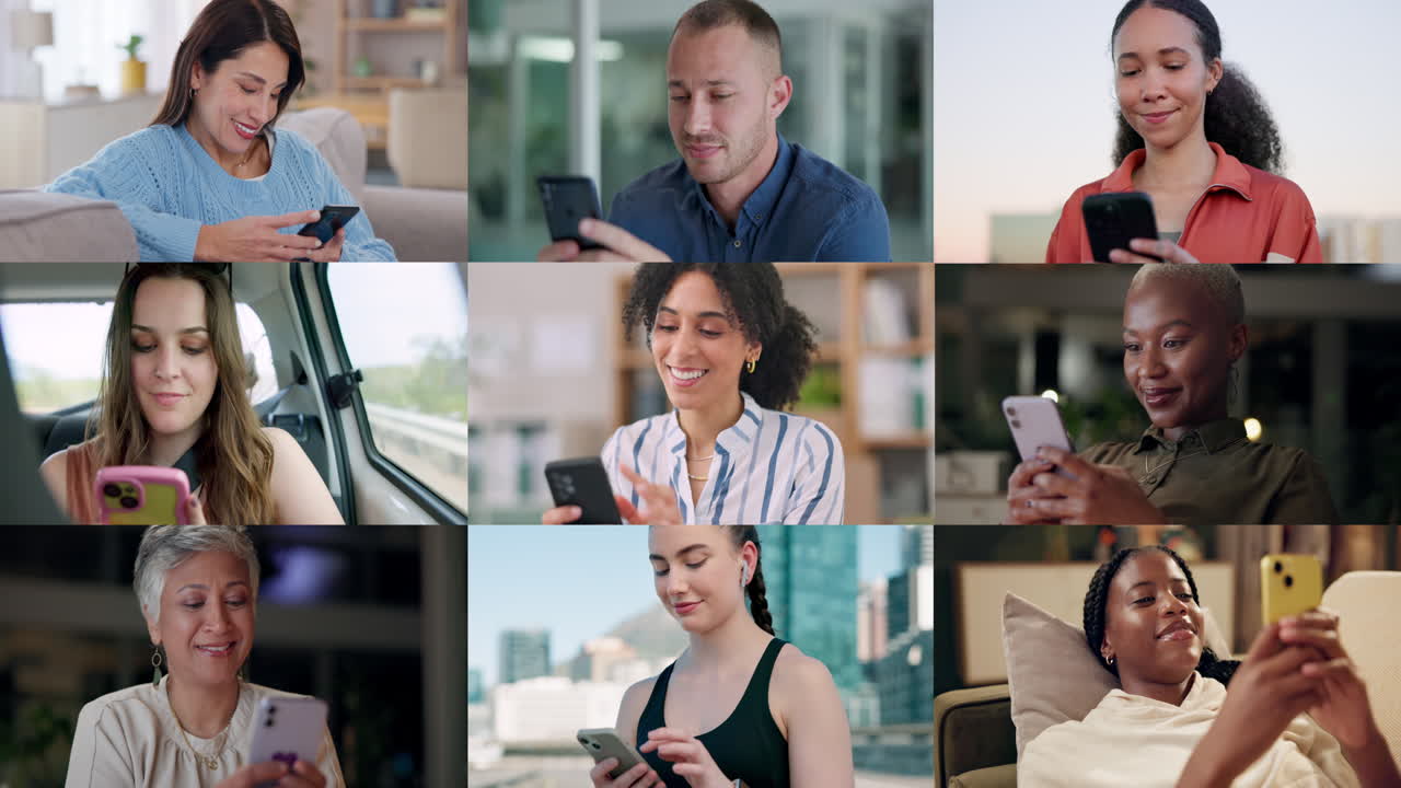 grupo diverso que utiliza teléfonos inteligentes