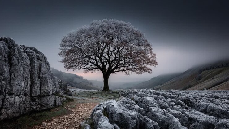 A Solitary Frosted Tree Stands Majestically Amidst Rugged Terrain and Misty Horizon, Capturing the Ethereal Beauty of Nature's Winter Landscape