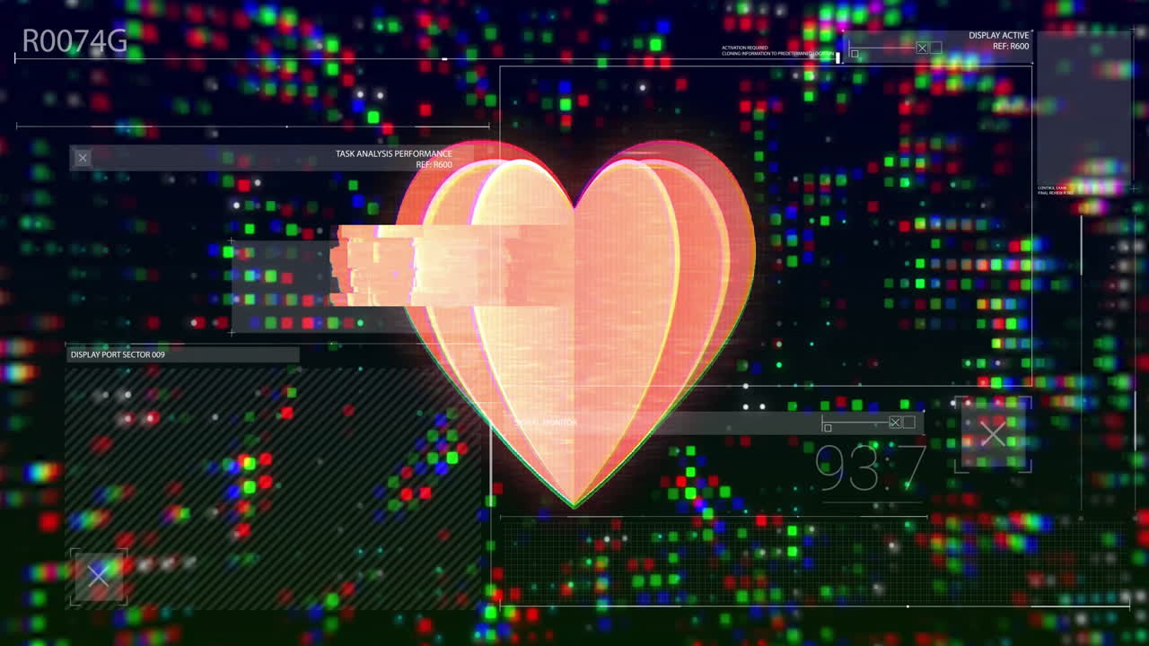 Glowing heart animation over digital data and colorful pixelated background