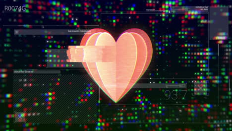 glowing heart animation over digital data and colorful pixelated background