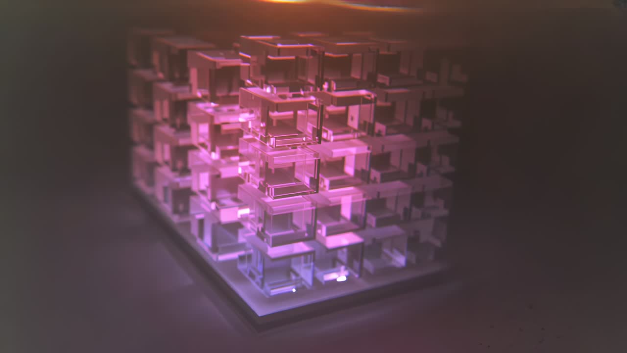 Playback starting camera rotating around layered lattice sculpture on desk showing purple LED glow