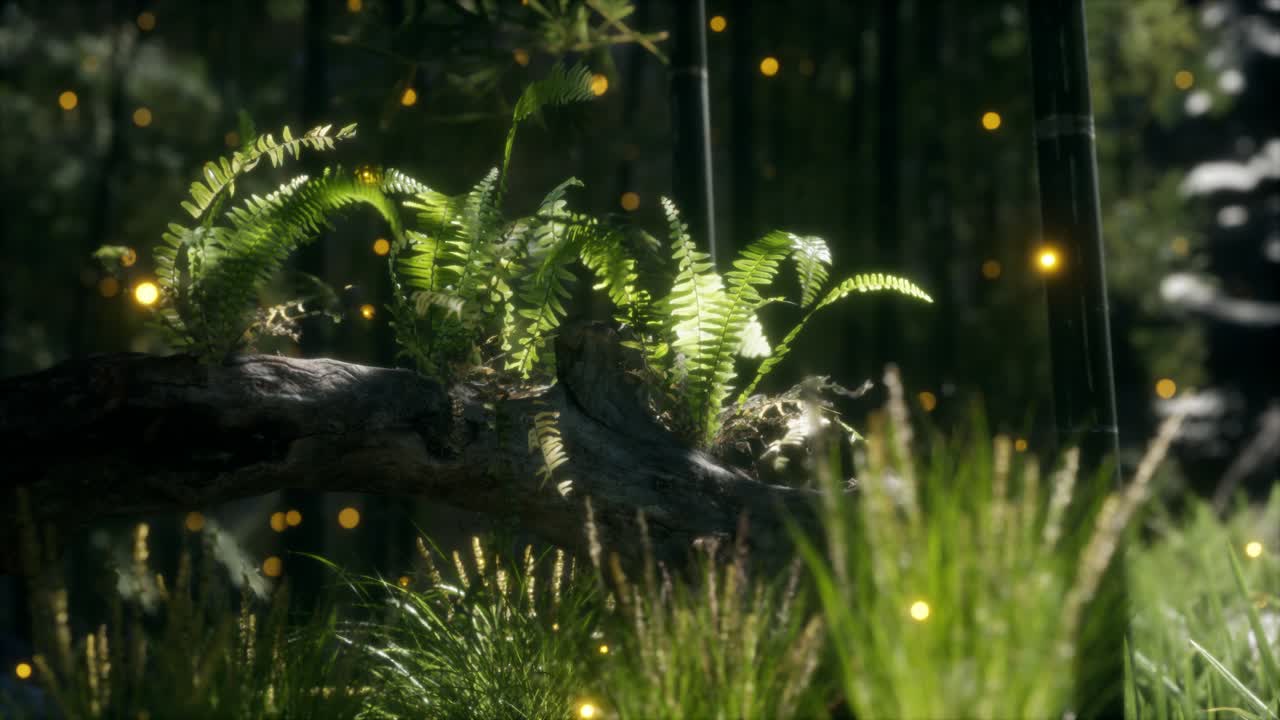 horizontally bending tree trunk with ferns growing, and sunlight shining