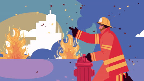 trabajador de emergencia de bomberos con animación de hidrante