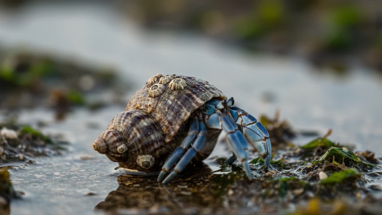 A Hermit Crab Navigates Through Shallow Waters, Showcasing Its Unique Shell and Vibrant Colors in This Scenic Coastal Environment