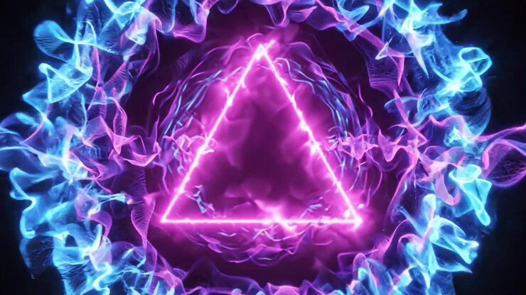 A Stunning Visual Representation of Energetic Waves Surrounding a Central Triangle, Emphasizing Vibrant Colors and Dynamic Motion in a Hypnotic Circular Formation