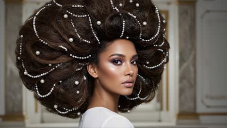 a captivating portrait showcasing an elegant hairstyle adorned with pearls, highlighting beauty and grace in a luxurious setting