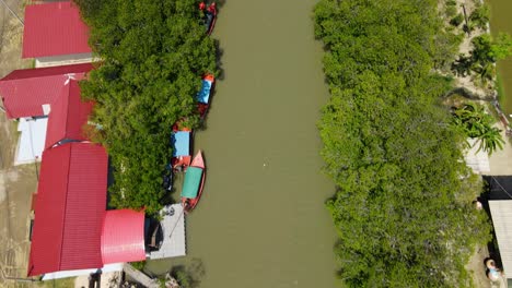 aerial footage revealing a bridge, the river, rooftops, touring boats, mangroves