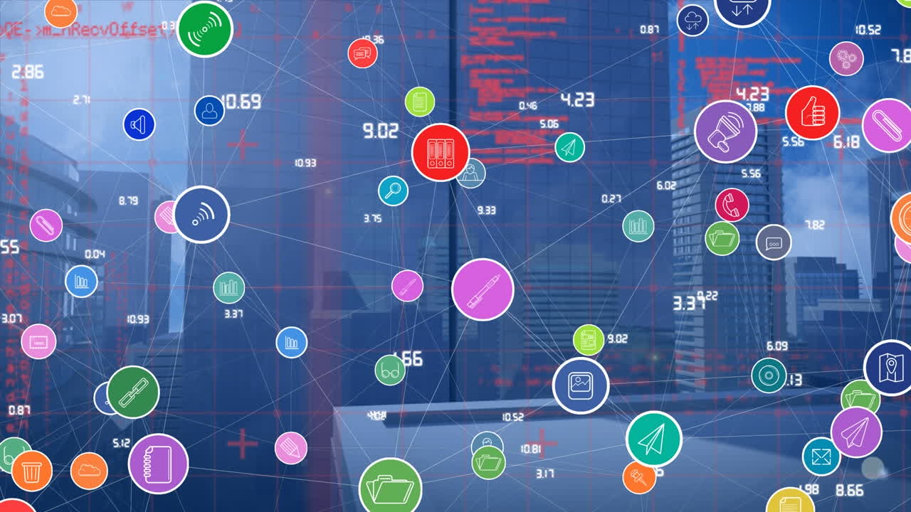 아이콘과 데이터 처리와 서버  ⁇ 을 통한 연결 네트워크의 애니메이션