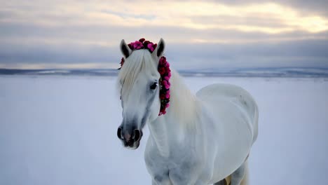 white horse with floral crown in snowy landscape