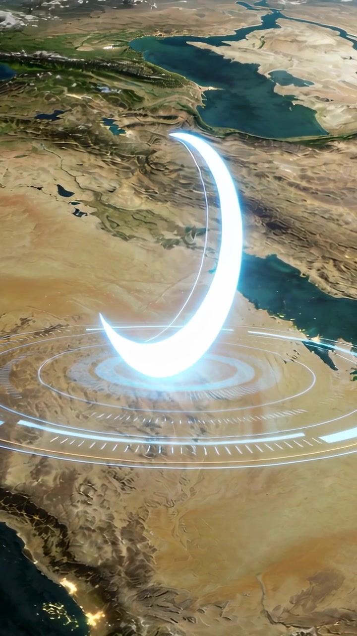 Vertical video: Holo rings calling lit crescent rising, turning over coastal sands, forming HUD