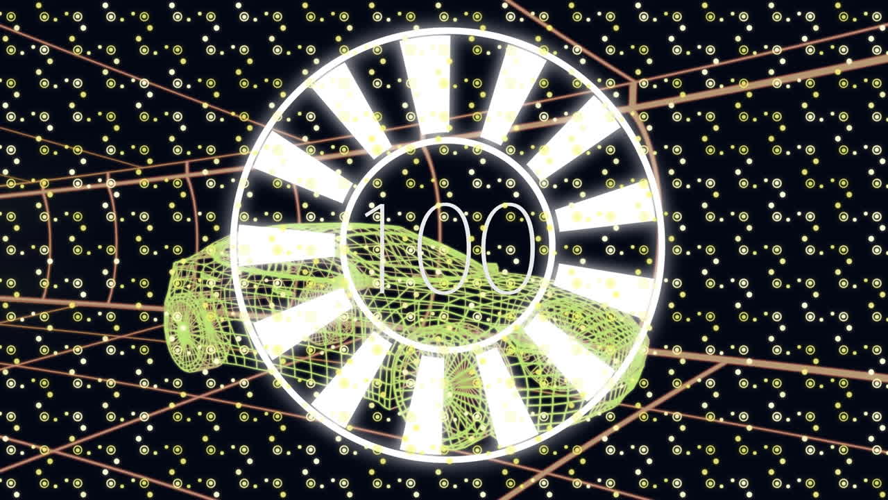 검은색 배경에 디지털 자동차에 대한 점점 더 많은 수와 함께 모양과 원의 애니메이션