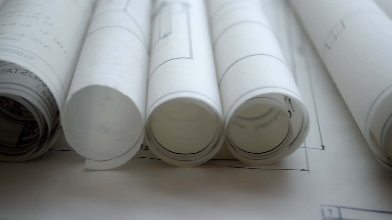 Construction plans laid in a row