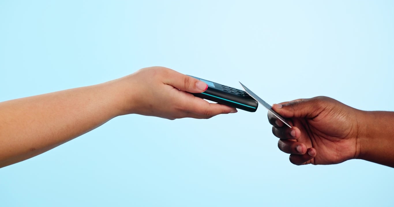 Customer, hands and credit card on pos machine