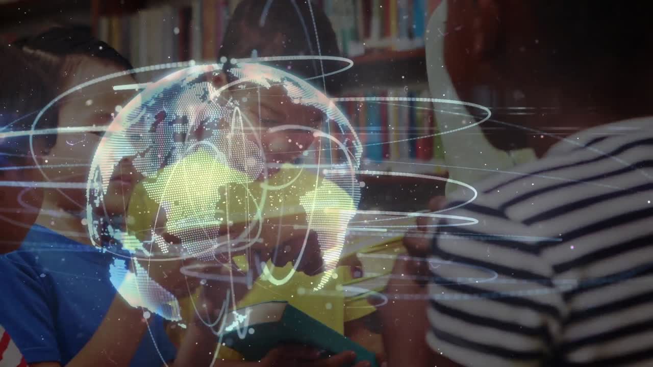 animación de un globo digital sobre diversas maestras y escolares con libros