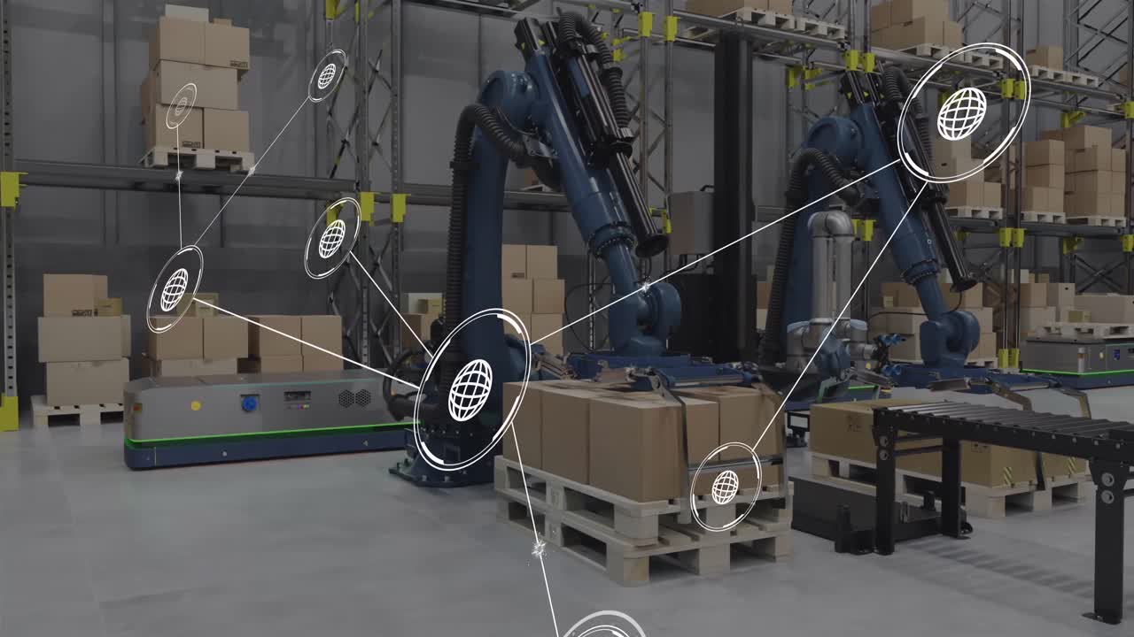 Animation of network of conncetions with icons over robotic arms and boxes in warehouse