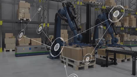 animation of network of conncetions with icons over robotic arms and boxes in warehouse