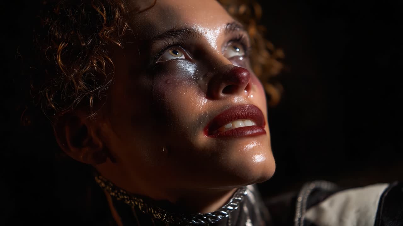 Un primo piano di una persona con trucco da clown, che mette in risalto i dettagli intricati del suo viso illuminato in condizioni di scarsa luminosità, esprimendo un mix di emozione e arte