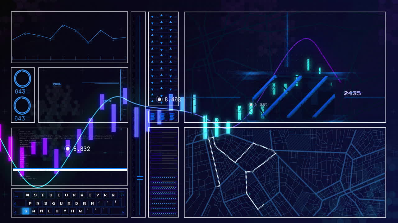 Digital analytics dashboard showing neon UI panels while animating live data visualizations