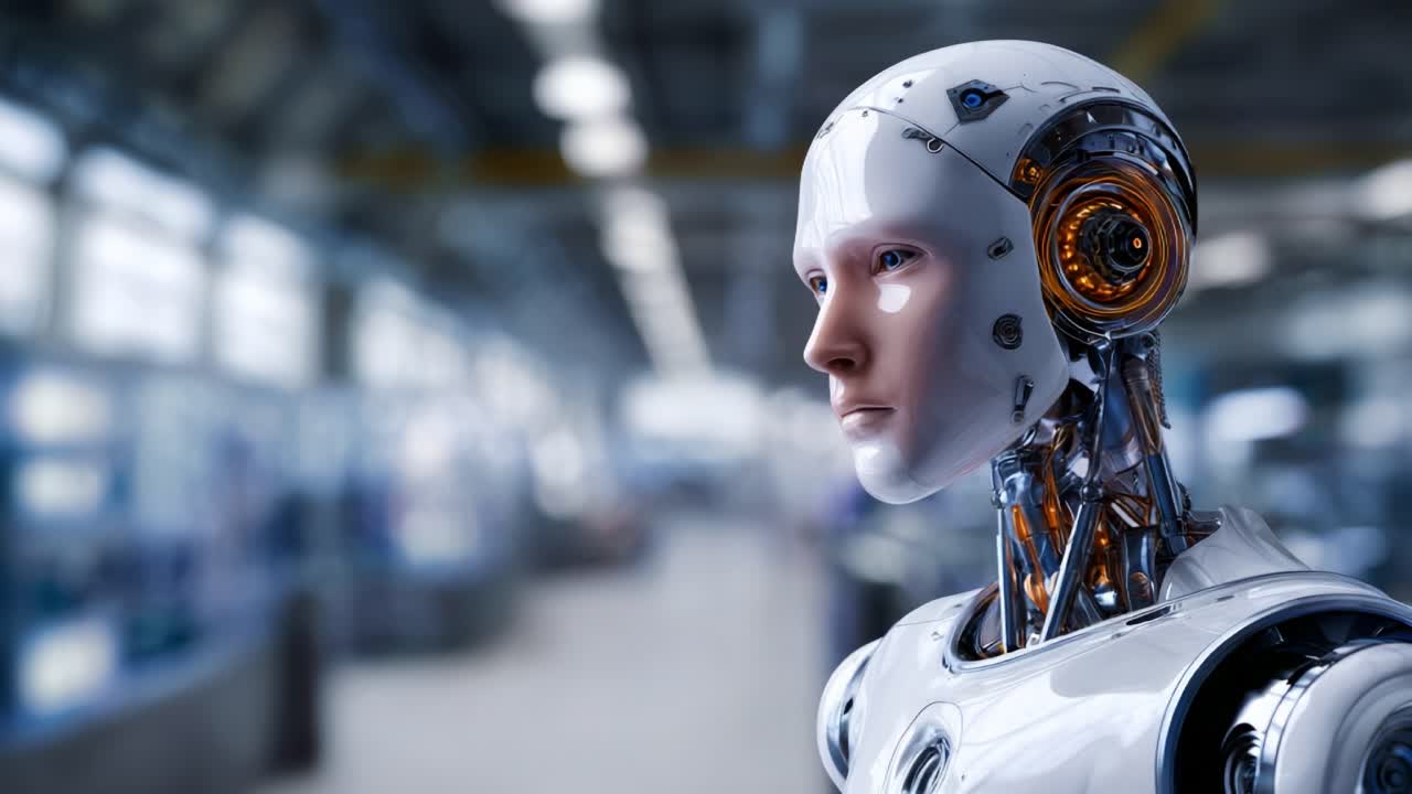 Primo piano di un robot umanoide che mostra un design e una tecnologia avanzati, mettendo in risalto i dettagli intricati della sua testa e dei circuiti interni in un ambiente futuristico