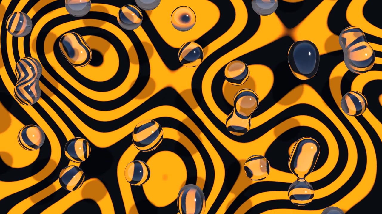 Abstract glass spheres on orange and black wavy background