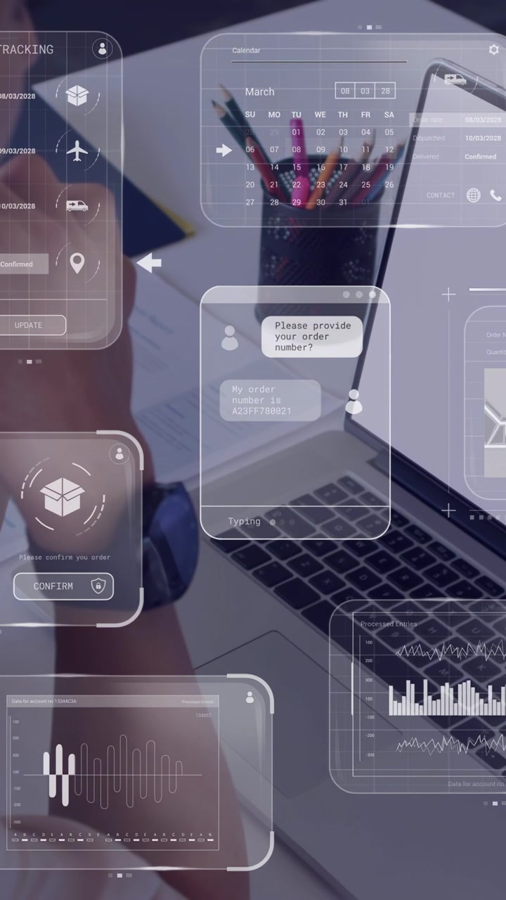 Vertical video: Woman typing order ID on laptop after support chat, tapping watch, order processing