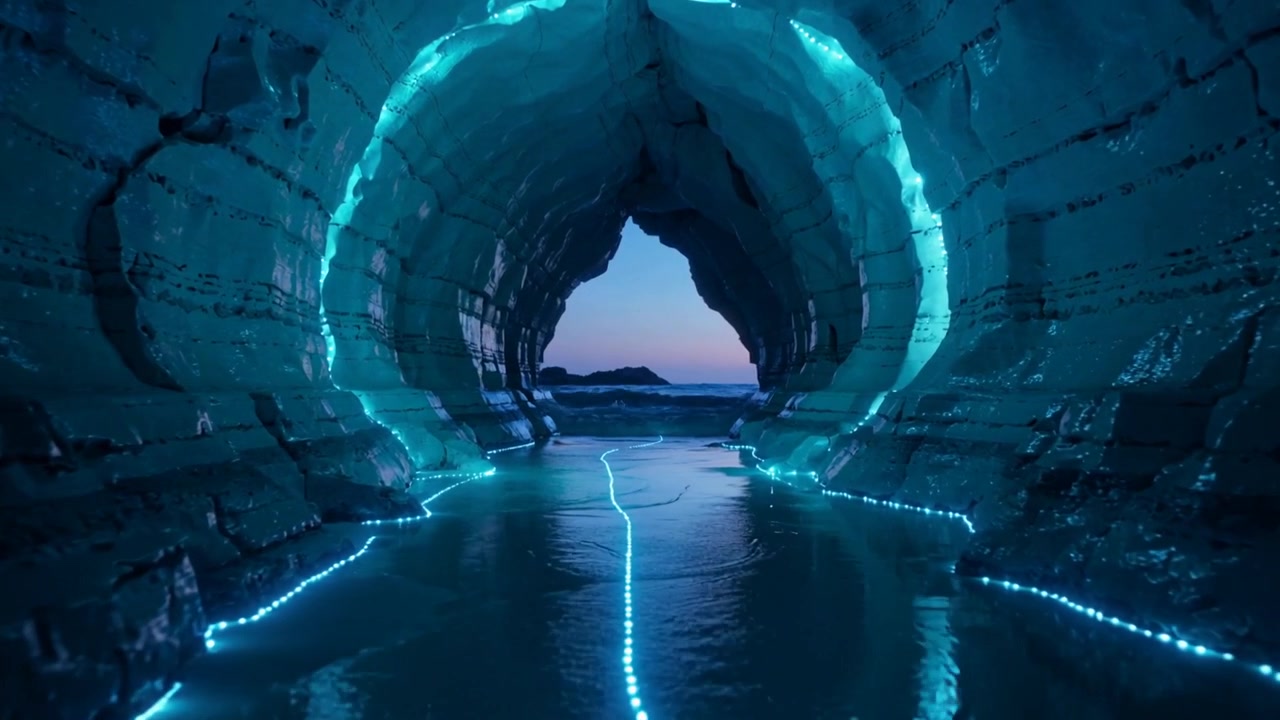 Camera che scorre attraverso un canale di marea in una grotta marina, mostrando un arco a cuore con luci LED ciano punteggiate come guida