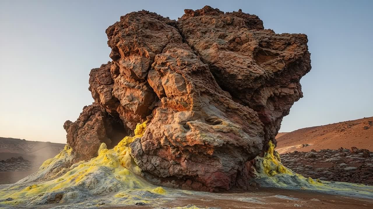 Breathtaking Natural Formation: A Massive, Colorful Rock Structure Surrounded by Vibrant Yellow Sulfur Deposits in an Expansive Desert Landscape During Sunset