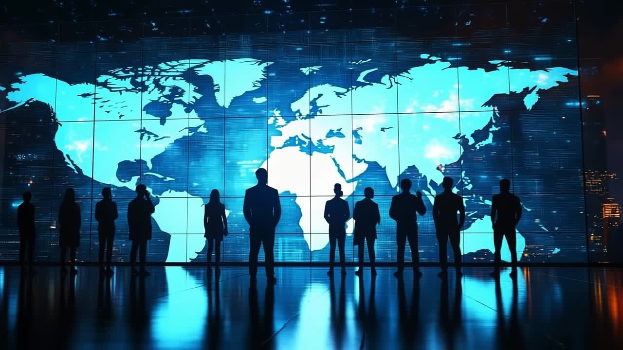 Pros with world map backdrop. A group of professionals silhouettes stands in front of a glowing world map during a business event at night.