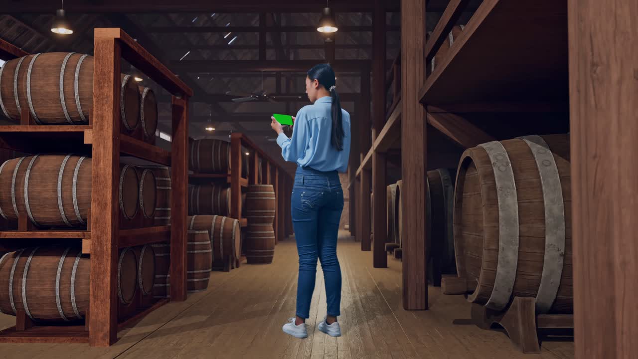 Full Body Back View Of An Asian Female Professional Worker Standing With Green Screen Smartphone In Cellar Of Winery, Industrial Facility